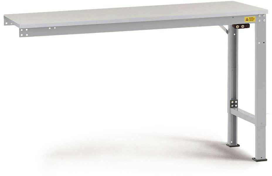 Table grise simple avec structure métallique et quatre pieds.