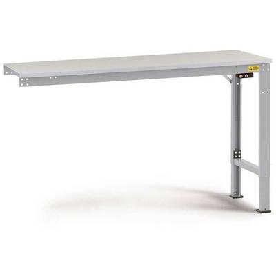 Table grise simple avec structure métallique et quatre pieds.