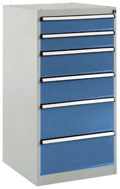Armoire métallique à sept tiroirs, adaptée au rangement de documents ou d'outils. L'armoire est bleue et grise.