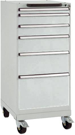 Un meuble de rangement mobile en métal à six tiroirs, monté sur quatre roulettes. Idéal pour le stockage des outils dans les ateliers.