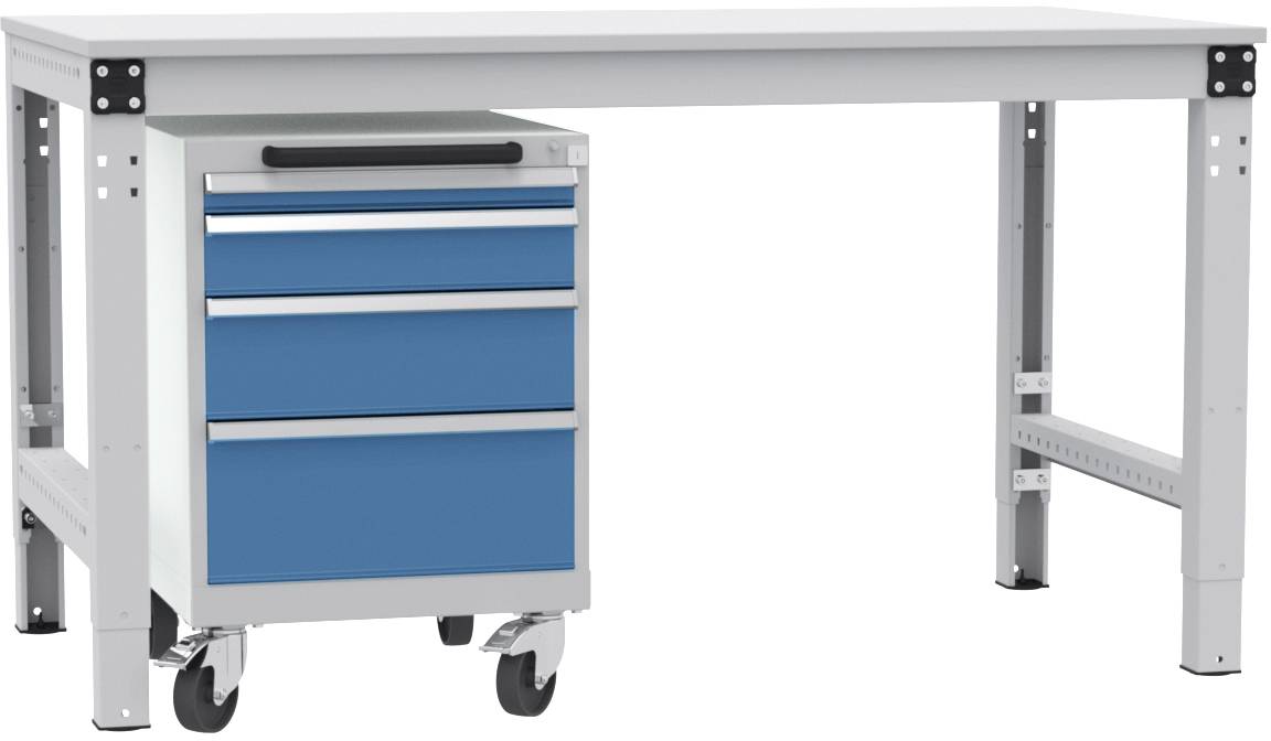 Table d'atelier réglable en hauteur en métal avec armoire à tiroirs bleus intégrée sur roulettes, adapté à une utilisation industrielle.