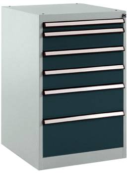 Armoire à tiroirs métallique à six tiroirs en vert foncé, avec poignées argentées, adaptée au rangement des outils.