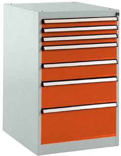 Un grand armoire métallique avec sept tiroirs oranges, adapté pour le rangement d'outils ou d'autres ustensiles.