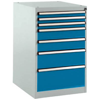 Un armoire métallique bleue à sept tiroirs. Style épuré et industriel, idéale pour un atelier ou un garage. Principalement destinée au rangement.