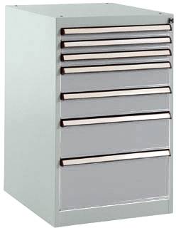 Un classeur métallique gris à sept tiroirs horizontaux, adapté au rangement d'outils ou de documents.