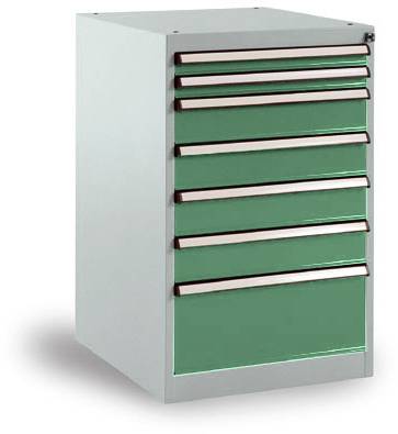 Armoire métallique avec huit tiroirs verts pour le rangement. Idéale pour les outils ou les fournitures de bureau. Design simple et fonctionnel.