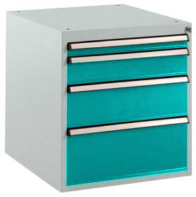 Armoire à outils métallique avec trois tiroirs brillants vert-bleu, de forme carrée, au design minimaliste.