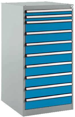 Armoire en acier grise avec dix tiroirs bleus, empilés verticalement. Adaptée au rangement des outils ou des petits matériels.