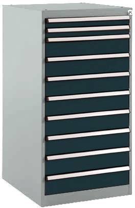 Un grand armoire à outils grise avec dix tiroirs noirs, adapté au rangement des outils dans un atelier.