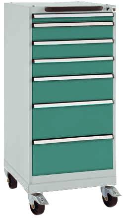 Un meuble mobile avec sept tiroirs verts monté sur des roulettes noires, adapté au rangement des outils ou des ustensiles.