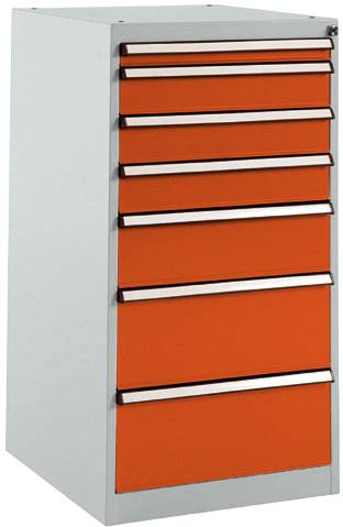 Armoire à tiroirs gris-orange à sept compartiments, idéale pour le rangement des outils ou d'autres matériaux.