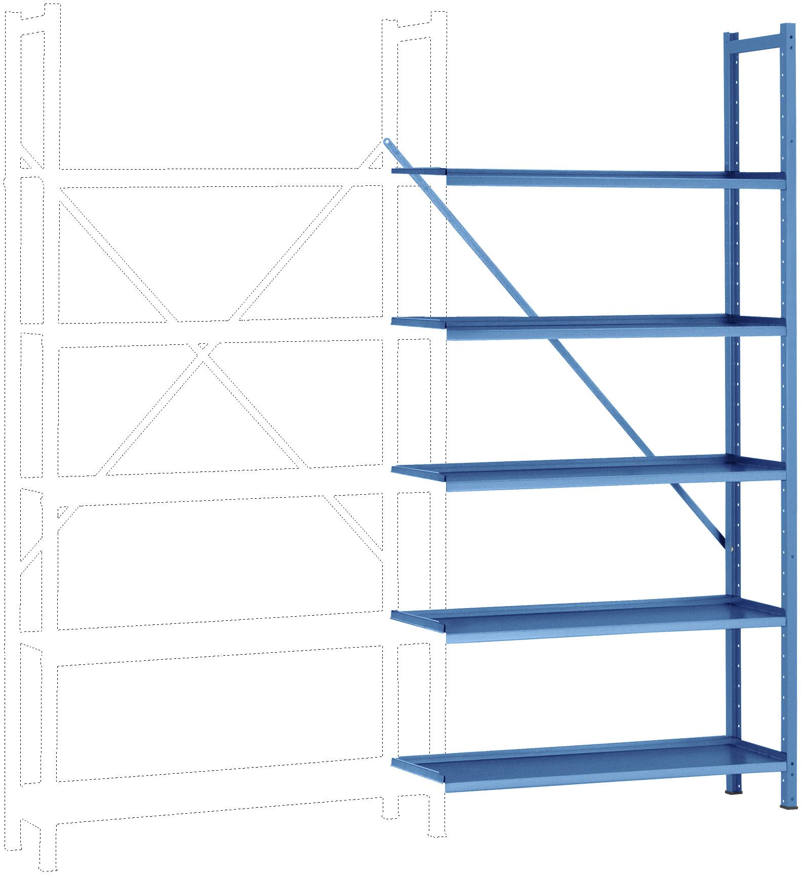 Étagère métallique bleue avec cinq tablettes visibles, située à droite de l'image. Le côté gauche est représenté en pointillés, montrant un plan de construction.