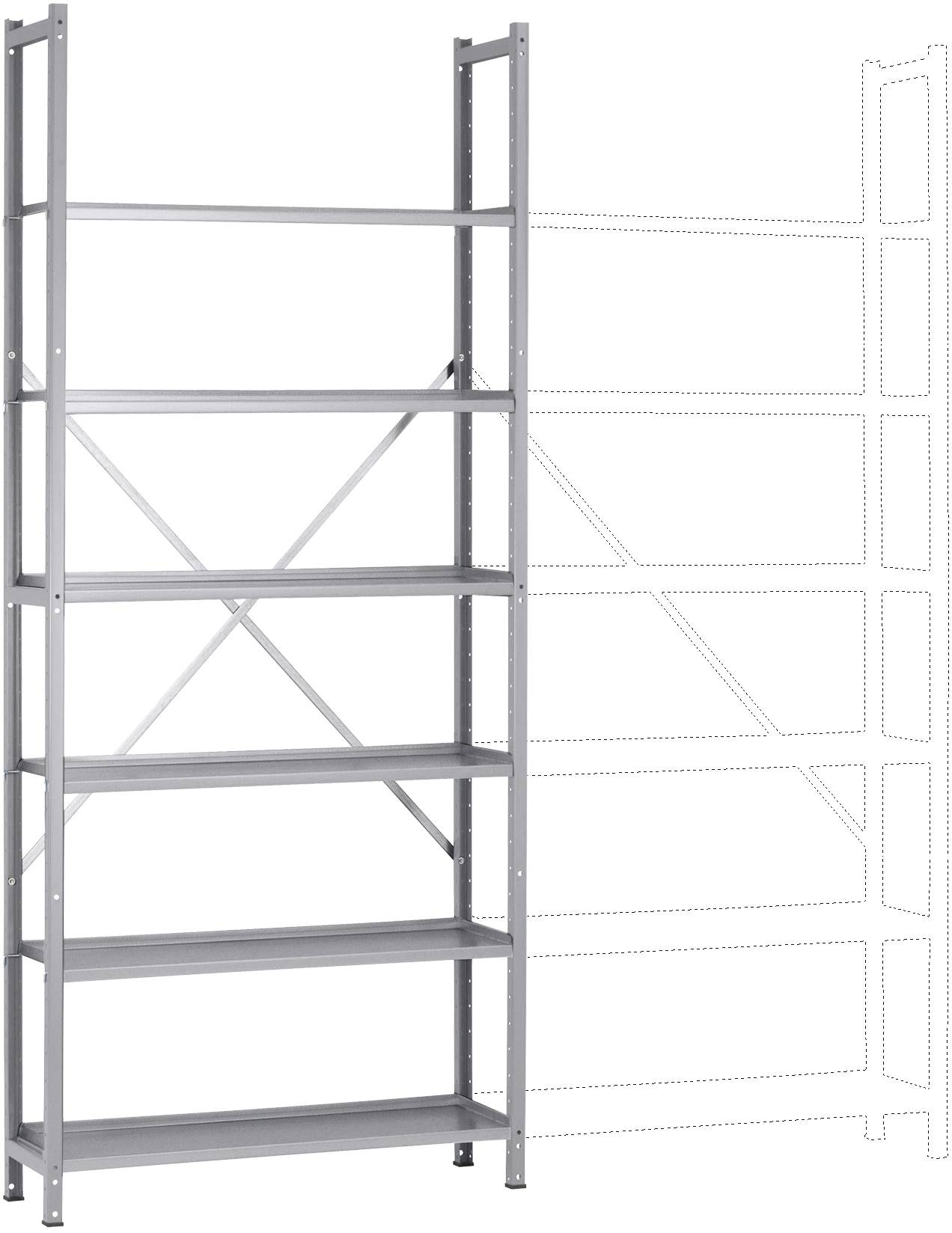 Étagère métallique à six tablettes. Option d'extension sur la droite indiquée par des lignes pointillées. Idéal pour un entrepôt ou un garage.