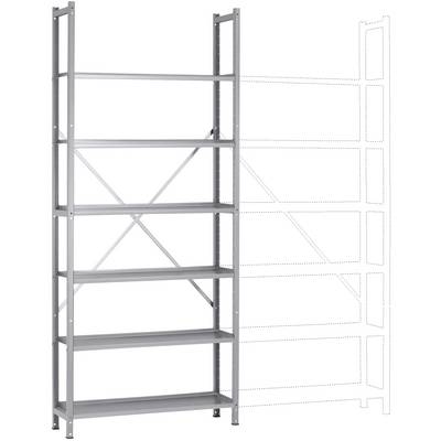 Étagère métallique à six tablettes. Option d'extension sur la droite indiquée par des lignes pointillées. Idéal pour un entrepôt ou un garage.