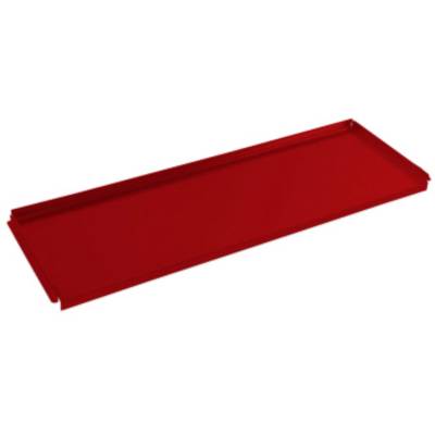 Plateau rouge, rectangulaire, aux bords étroits, reposant sur une surface plane.