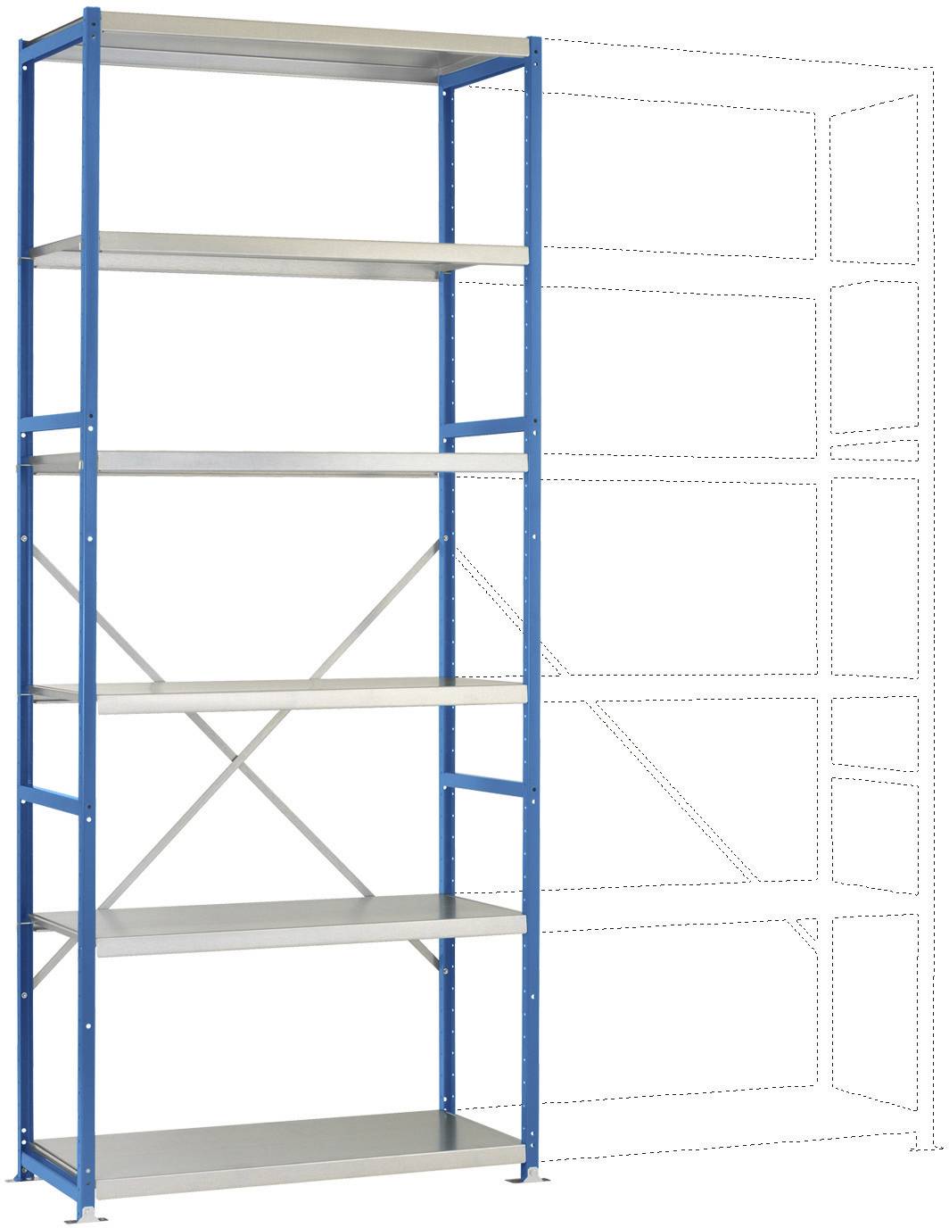 Étagère métallique avec cinq tablettes et supports latéraux bleus. À côté, des lignes pointillées illustrant l'extensibilité de l'étagère.