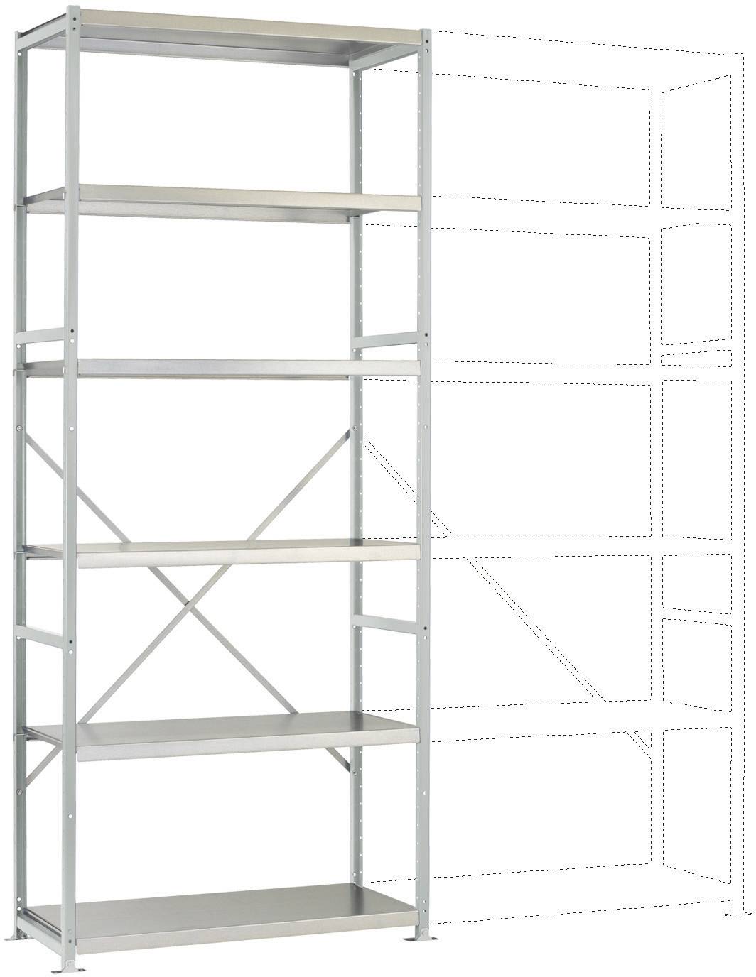 Étagère métallique à cinq tablettes. Un contour pointillé d'une étagère supplémentaire est indiqué à côté pour une possible extension.