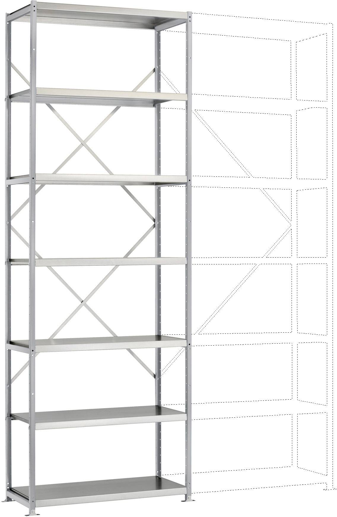 Étagère métallique à six niveaux, extensible par système d'emboîtement. Le côté droit illustre les extensions possibles grâce à des modules supplémentaires.