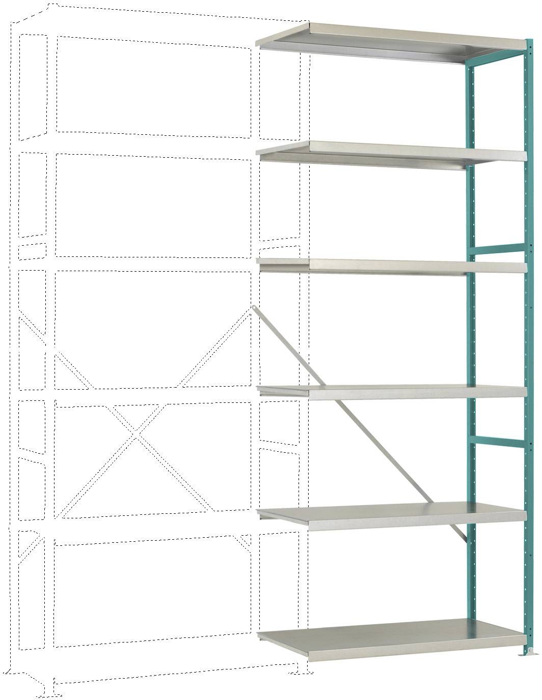 Étagère métallique à sept tablettes horizontales, extensible. Deux supports métalliques visibles, le reste de la structure représenté en pointillés.