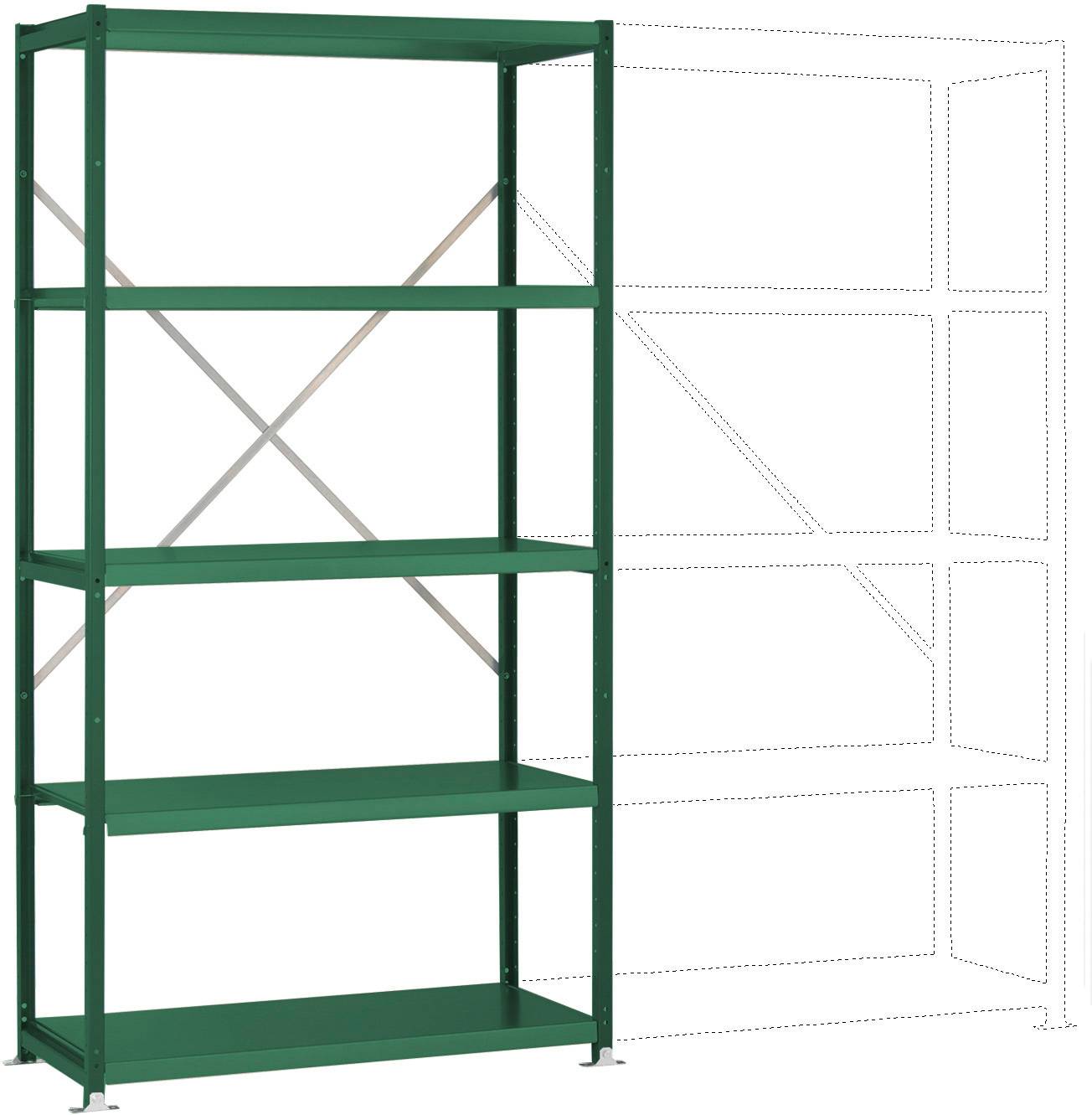 Un étagère métallique verte à cinq tablettes est visible au premier plan. À sa droite est représentée une étagère en pointillés.