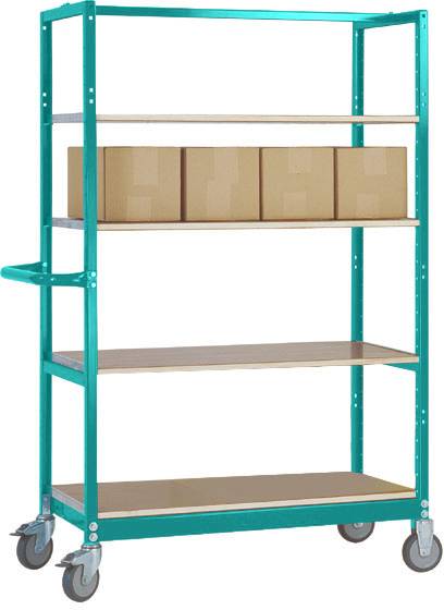 Étagère verte sur roulettes avec quatre tablettes, sur lesquelles sont posés quatre cartons bruns. Adaptée au stockage et au transport dans les entrepôts.