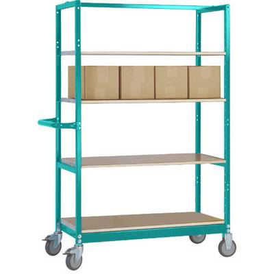 Étagère verte sur roulettes avec quatre tablettes, sur lesquelles sont posés quatre cartons bruns. Adaptée au stockage et au transport dans les entrepôts.