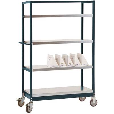 Un chariot de rayonnage à quatre roues équipé de quatre étagères, avec cinq boîtes d'archives blanches sur l'étagère inférieure.