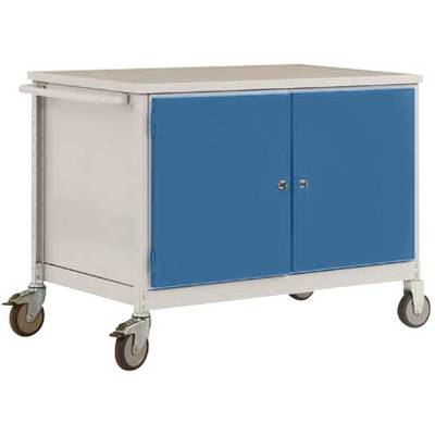 Un armoire mobile avec des portes doubles bleues et quatre roulettes, adaptée au transport ou au stockage dans des bureaux ou des ateliers.