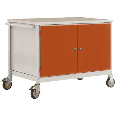 Armoire métallique sur roulettes avec deux portes oranges et une poignée métallique en haut à gauche.