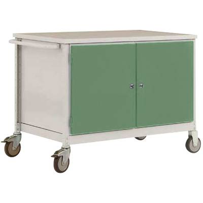 Table de stockage métallique avec deux portes vertes, montée sur quatre roulettes, adaptée au transport et au rangement d'objets.