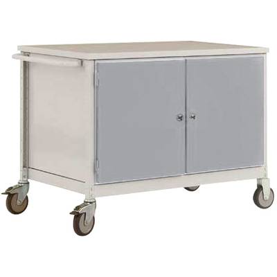 Chariot fermé avec une barre de préhension et quatre roues, adapté au transport ou au stockage d'objets, équipé de deux portes.