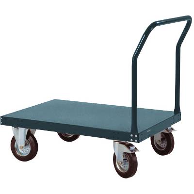 Un chariot de transport bleu à quatre roues et une poignée coulissante en métal, idéal pour le transport de charges lourdes dans les entrepôts.