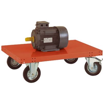 Moteur électrique sur un chariot de transport roulant rouge à quatre roues.