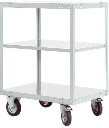 Chariot en métal avec deux tablettes et quatre roulettes, adapté au transport de marchandises ou de matériaux dans des environnements de stockage.