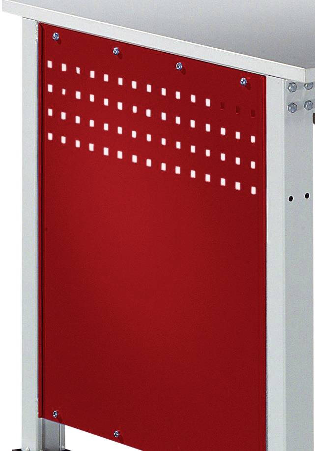 Panneau métallique rouge avec des trous carrés et un cadre gris, faisant partie d'un dispositif industriel ou similaire à une machine.