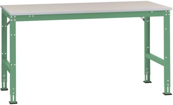 Manuflex AU4169.6011  Table de travail Universal Standard avec plaque décorative en PVC, L x P x H = 2500 x 1200 x 760-870 mm  vert réséda (RAL 6011)