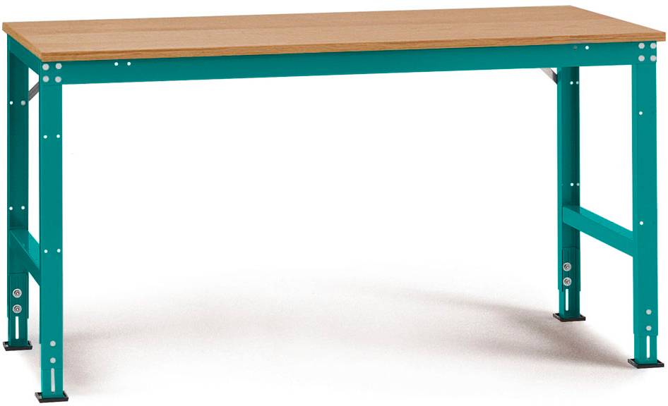 Une table de travail stable avec des pieds en métal vert et un plateau en bois clair sur un fond blanc.