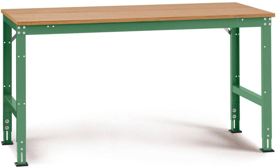 Une table de travail verte, robuste, avec des pieds en métal et un plateau en bois, adaptée aux ateliers ou aux environnements de production.