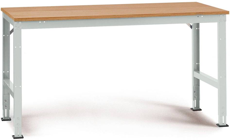 Une table épurée avec un plateau en placage de bois et un châssis métallique robuste de couleur gris clair. Idéale pour les bureaux ou les ateliers.