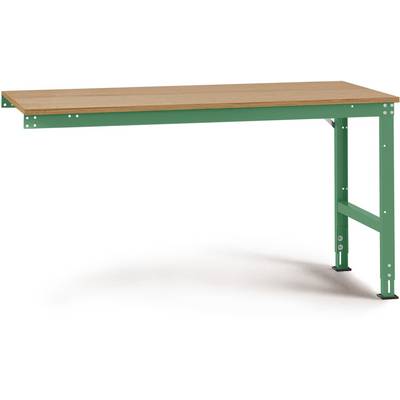 Une table en métal vert avec un plateau en bois, conçue de manière minimaliste, se tenant isolée dans une pièce lumineuse.