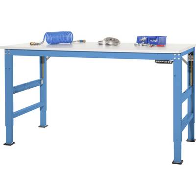 Table de travail bleue avec des pieds réglables en hauteur. Sur la surface se trouvent une vis, une spirale bleue et une pièce métallique.