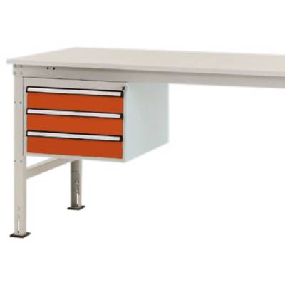 Table de travail avec trois tiroirs orange sur le côté gauche, reposant sur des pieds métalliques réglables.