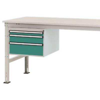 Un bureau moderne avec deux tiroirs turquoises sur le côté gauche, adapté aux environnements de bureau ou de travail.