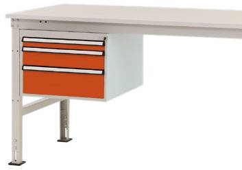 Une table blanche avec deux tiroirs orange sur le côté gauche. La table dispose de pieds en métal réglables pour assurer sa stabilité.