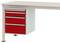 Une table de travail blanche avec un bloc de tiroirs rouge comportant trois tiroirs sur le côté gauche.