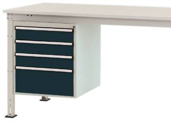 Une table stable dotée d'une console latérale en métal avec quatre tiroirs offrant un espace de rangement pour divers objets.