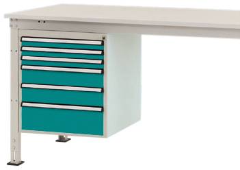 Un bureau blanc avec un bloc-tiroirs turquoise sur le côté gauche.