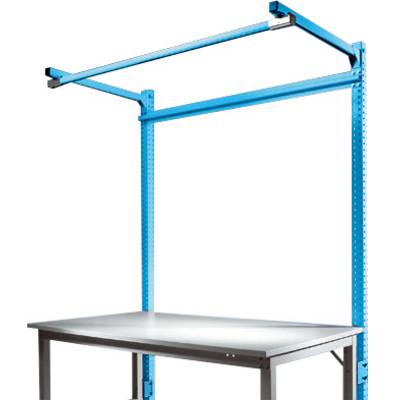 Un établi avec un cadre bleu réglable en hauteur, adapté aux installations d'atelier ou d'entrepôt.