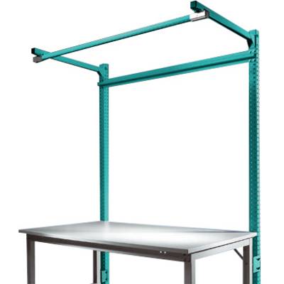 Une table de travail réglable en hauteur avec un cadre métallique et une surface stable. Un traversin horizontal est présent au-dessus pour la fixation.