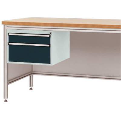 Une table avec un cadre en métal et un plateau en bois. Deux tiroirs sont fixés à gauche dans un conteneur métallique.